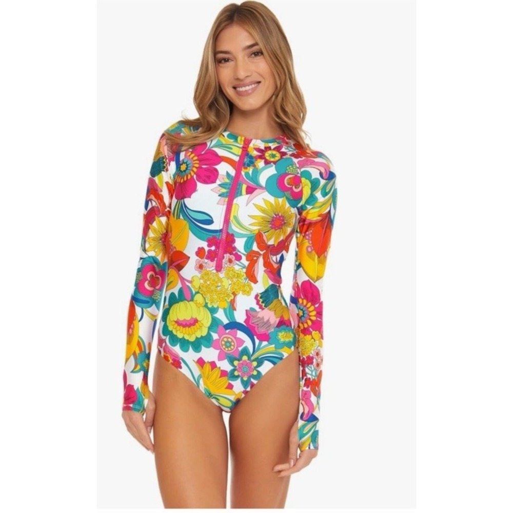 Trina Turk Size XL Sunny Bloom Fontaine Paddle Long Sleeve Rash Guard Swimsuit